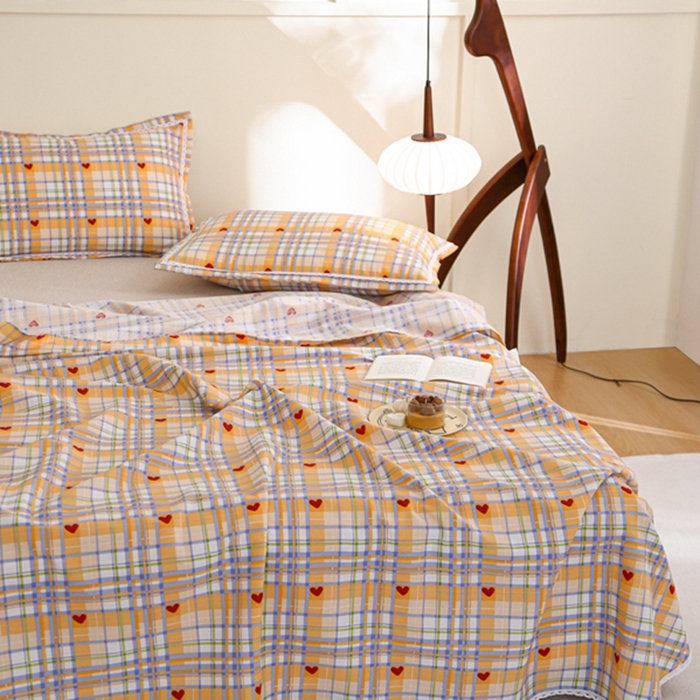 91家纺网 家纺一手货源 找家纺 萌宝 2025老粗布新款纯棉细纱三枚缎卡帆布花边款软凉席床单提供买家秀爱心格黄