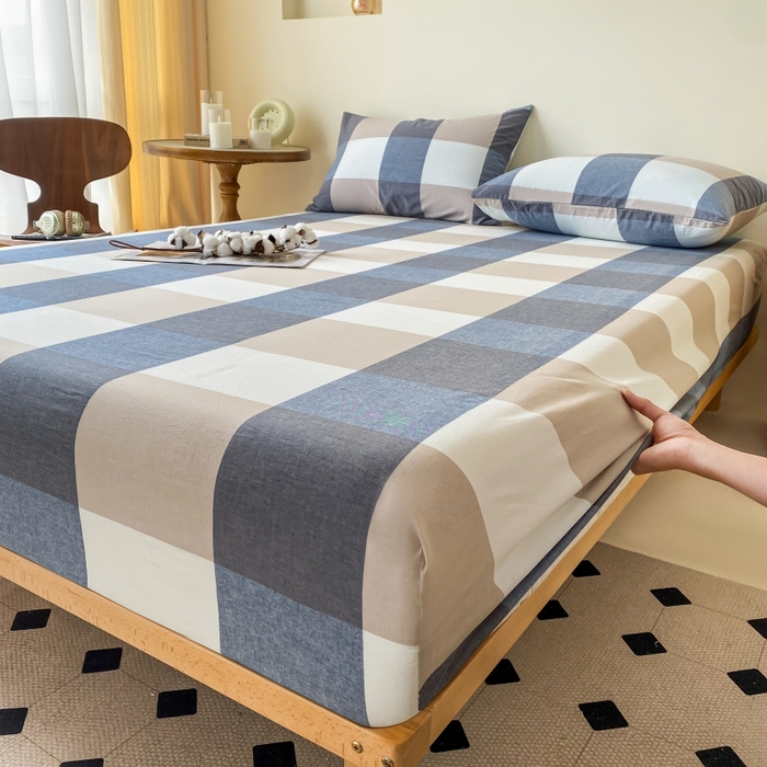 91家纺网 家纺一手货源 找家纺 寐眠 2024新款全棉水洗棉床单床笠单品-单床笠 蓝大格