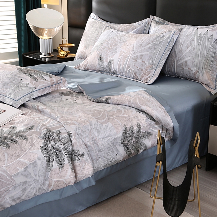 91家纺网 家纺一手货源 找家纺 梦莱斯 2024新款拼角宽边水洗天丝夏被四件套 初禾灰