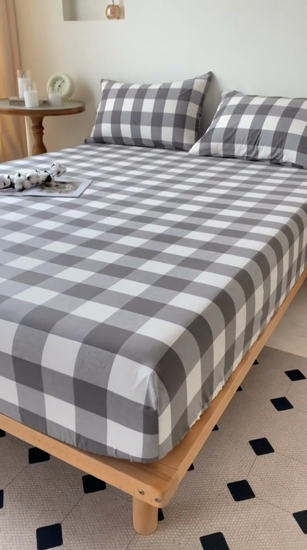 91家纺网 家纺一手货源 找家纺 寐眠 2024新款全棉水洗棉床单床笠单品-单床笠 灰中格