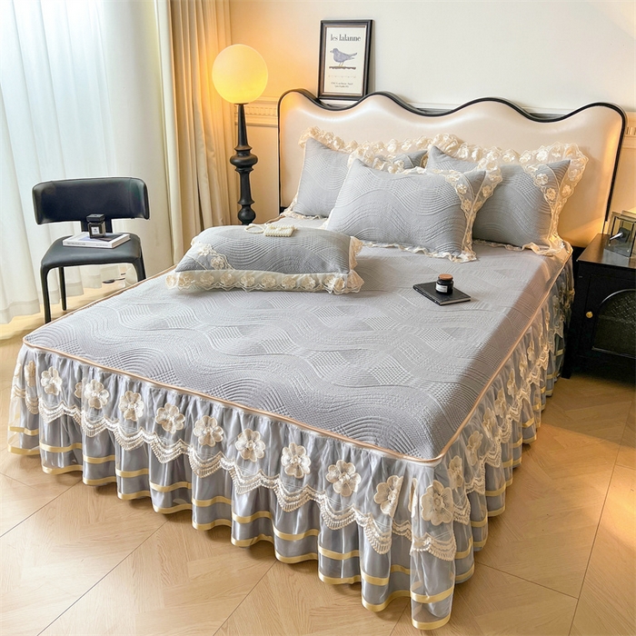 91家纺网 家纺一手货源 找家纺 虹星家纺 2024新款A类冰感凉豆豆可拆卸床裙席三件套 静谧灰