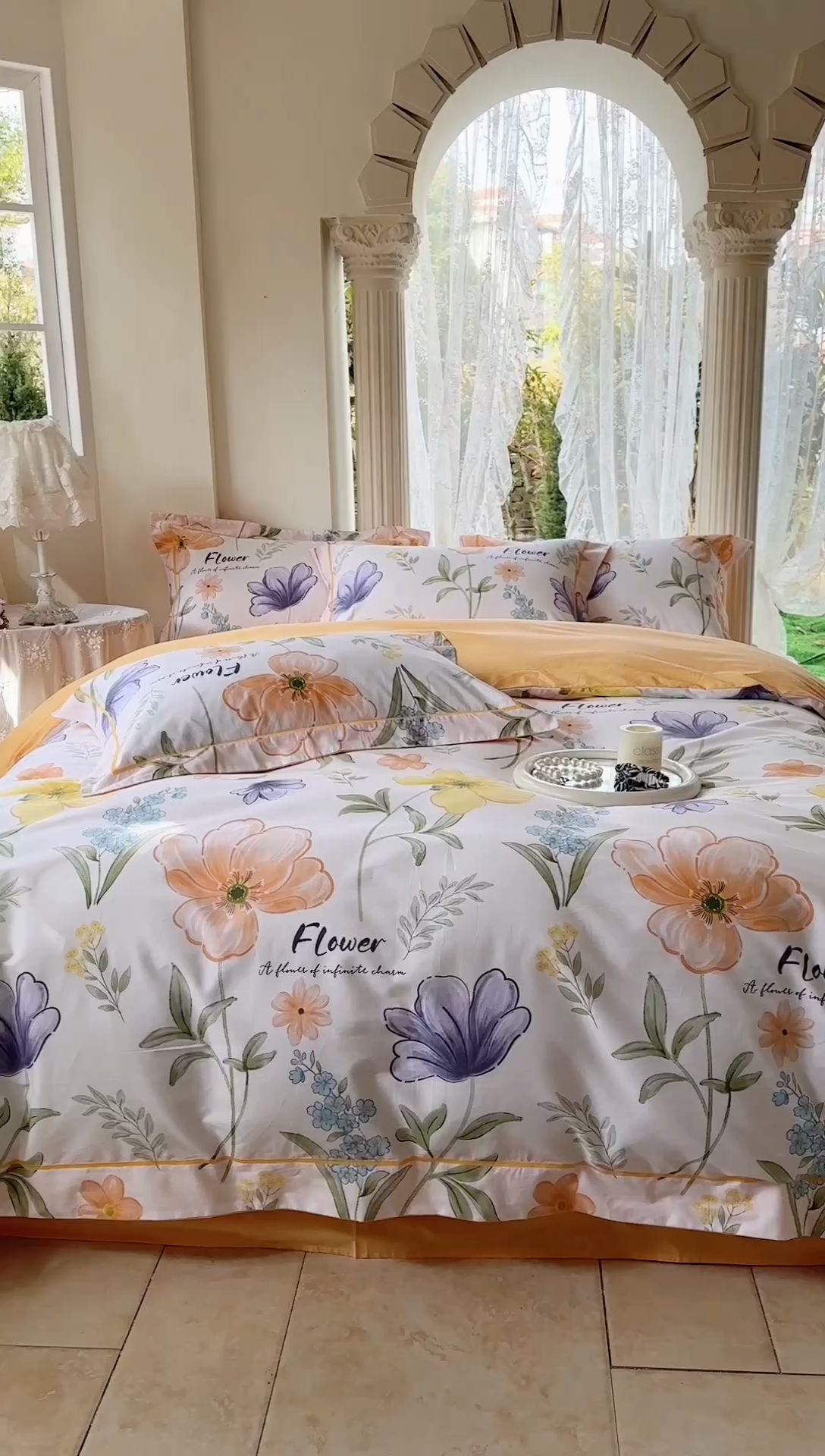 91家纺网 家纺一手货源 找家纺 7V 小清新大宽边100%纯棉法式四件套轻奢13376全棉喷气宽幅长绒棉被套床单床笠套件 半夏花海