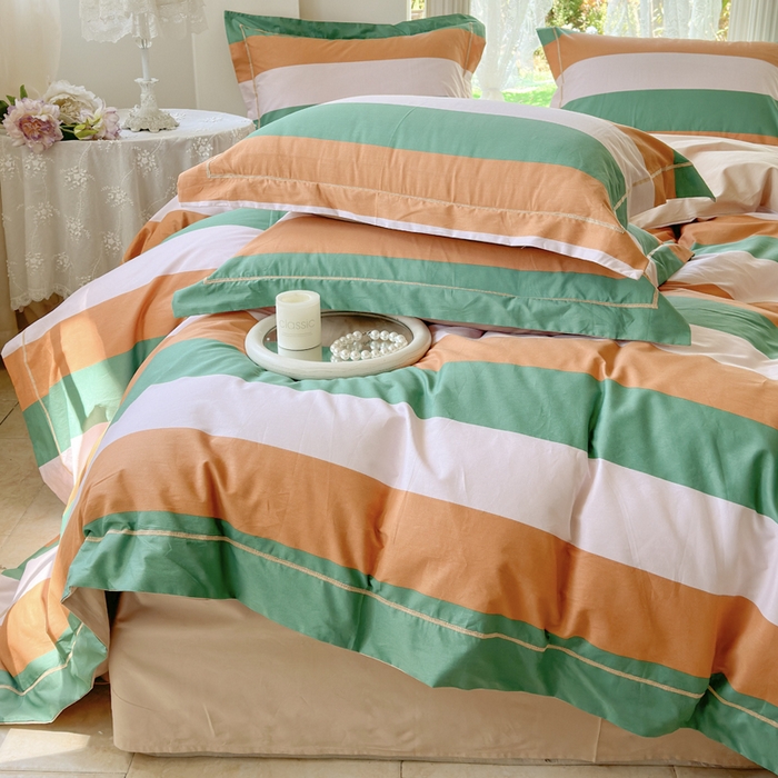 91家纺网 家纺一手货源 找家纺 7V 小清新大宽边100%纯棉法式四件套轻奢13376全棉喷气宽幅长绒棉被套床单床笠套件 乐享时光