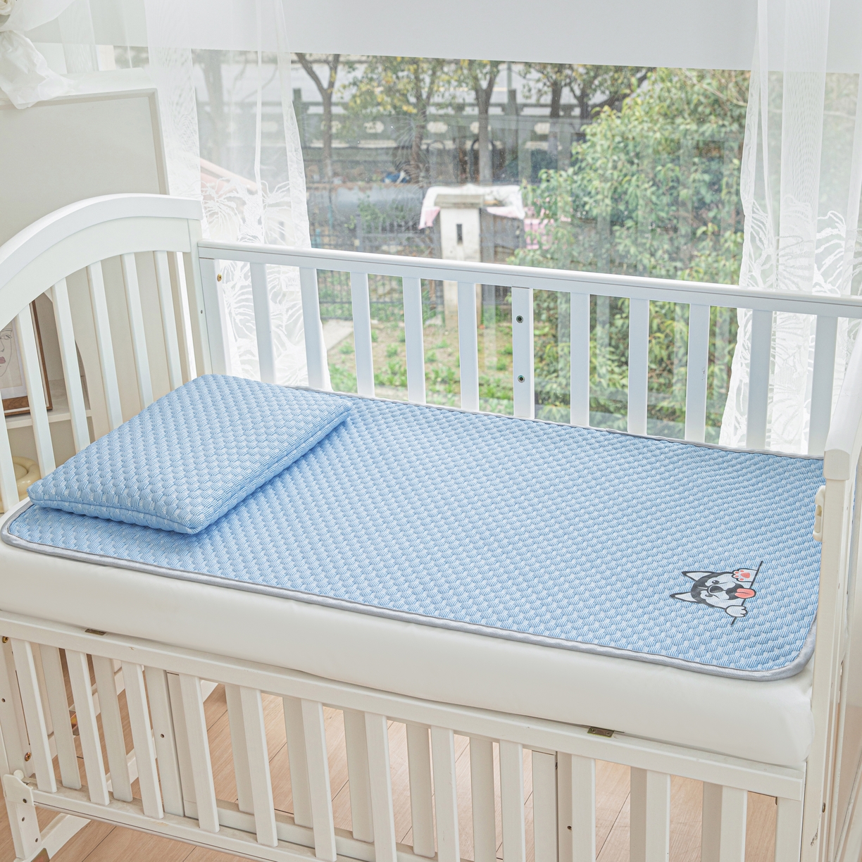 91家纺网 家纺一手货源 找家纺 宅部落 2024年新款凉感豆豆幼儿园幼婴儿儿童凉席 哈士奇-深蓝