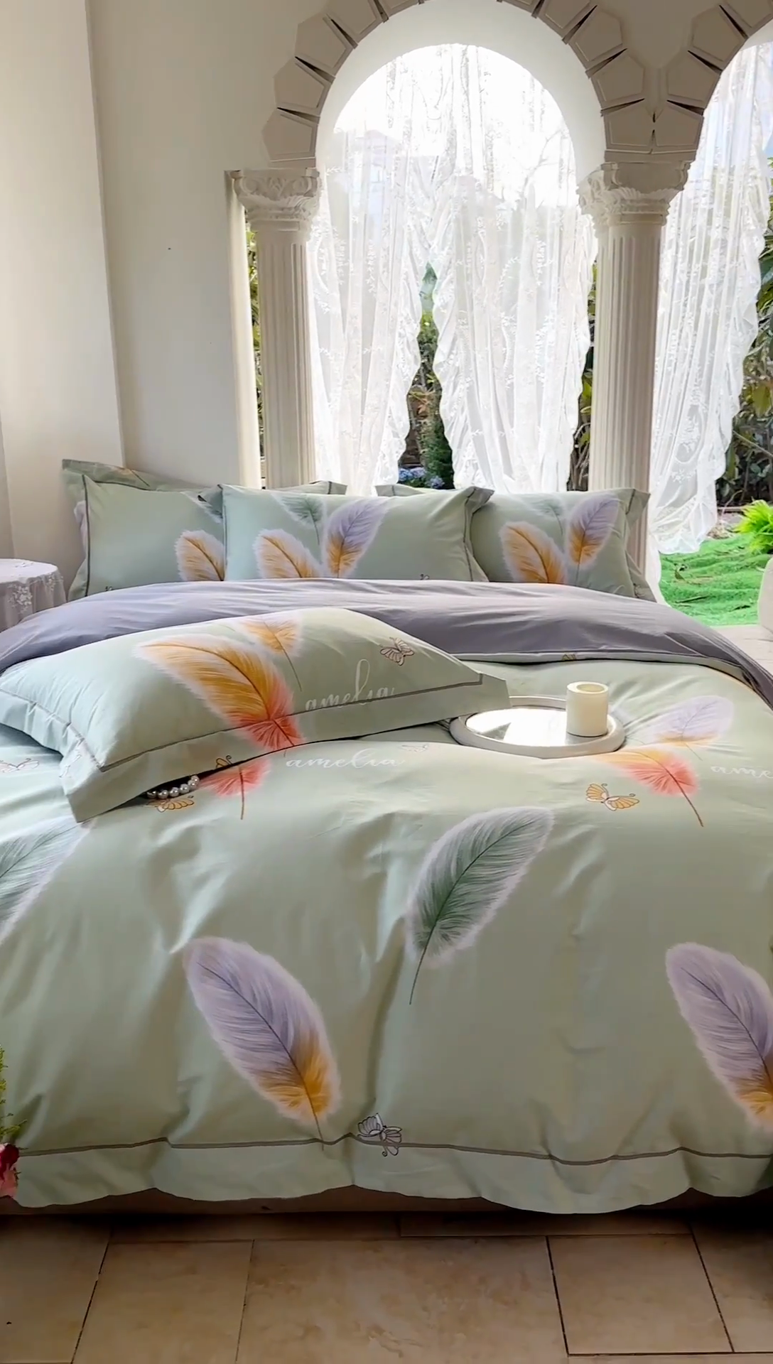 91家纺网 家纺一手货源 找家纺 7V 小清新大宽边100%纯棉法式四件套轻奢13376全棉喷气宽幅长绒棉被套床单床笠套件 雨蝶-绿