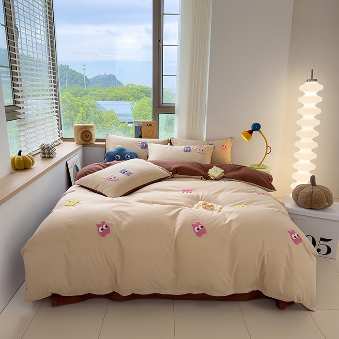 91家纺网 家纺一手货源 找家纺 曼谷 年新款多巴胺毛巾绣四件套柔软磨毛床上用品水洗棉套件 多巴胺-奶茶咖啡