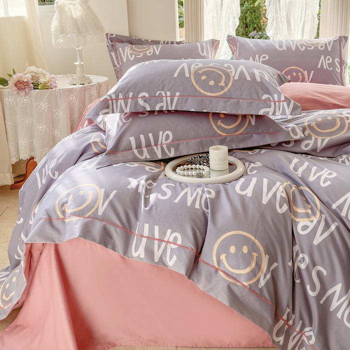 91家纺网 家纺一手货源 找家纺 7V 小清新大宽边100%纯棉法式四件套轻奢13376全棉喷气宽幅长绒棉被套床单床笠套件 简约世界