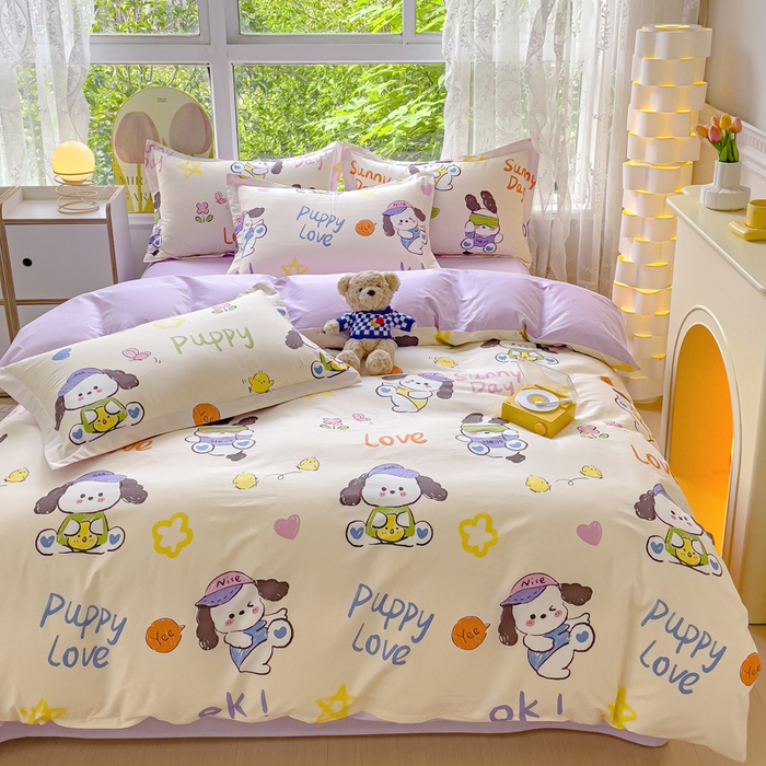 91家纺网 家纺一手货源 找家纺 金鑫汇家纺 2024新款全棉纯棉卡通印花四件套单品系列-单被套狗狗乐园