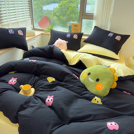 曼谷 年新款多巴胺毛巾绣四件套柔软磨毛床上用品水洗棉套件 多巴胺-黑糖奶黄