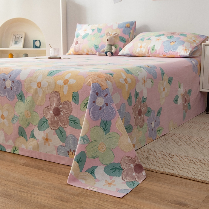 91家纺网 家纺一手货源 找家纺 芃成 2024新款老粗布床笠款 总2 幸运花朵 粉