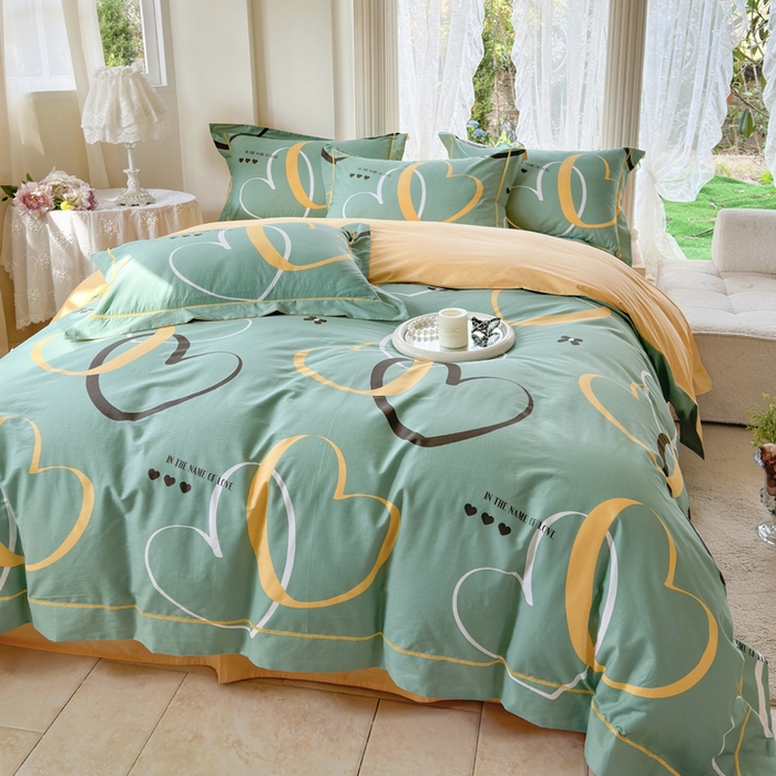 91家纺网 家纺一手货源 找家纺 7V 小清新大宽边100%纯棉法式四件套轻奢13376全棉喷气宽幅长绒棉被套床单床笠套件 圈点幸福