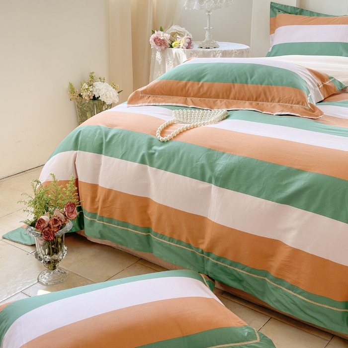 91家纺网 家纺一手货源 找家纺 7V 小清新大宽边100%纯棉法式四件套轻奢13376全棉喷气宽幅长绒棉被套床单床笠套件 乐享时光