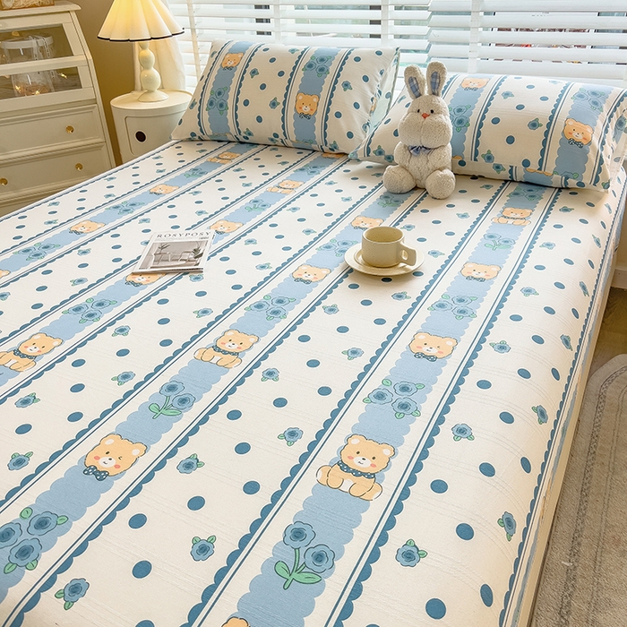 91家纺网 家纺一手货源 找家纺 芃成 2024新款老粗布床笠款 总2 小熊乐园-蓝