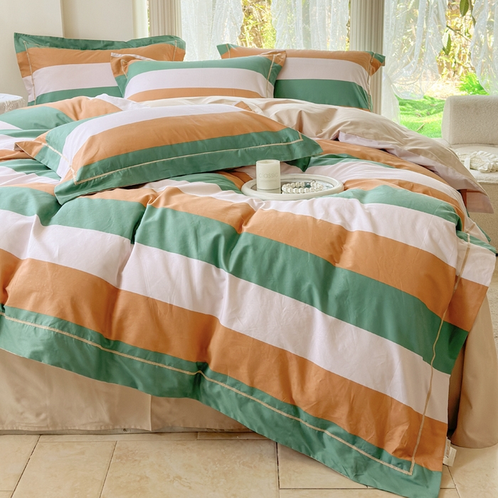 91家纺网 家纺一手货源 找家纺 7V 小清新大宽边100%纯棉法式四件套轻奢13376全棉喷气宽幅长绒棉被套床单床笠套件 乐享时光