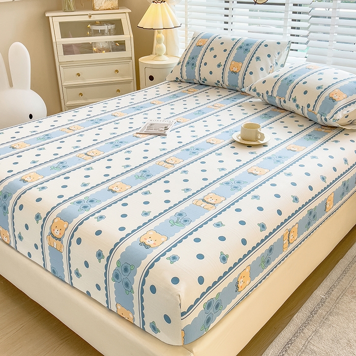 91家纺网 家纺一手货源 找家纺 芃成 2024新款老粗布床笠款 总2 小熊乐园-蓝