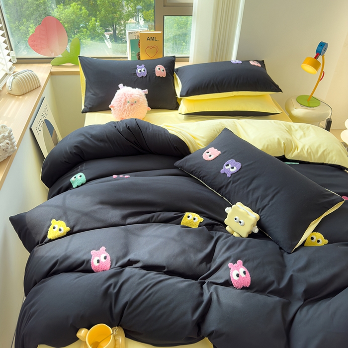 91家纺网 家纺一手货源 找家纺 曼谷 年新款多巴胺毛巾绣四件套柔软磨毛床上用品水洗棉套件 多巴胺-黑糖奶黄