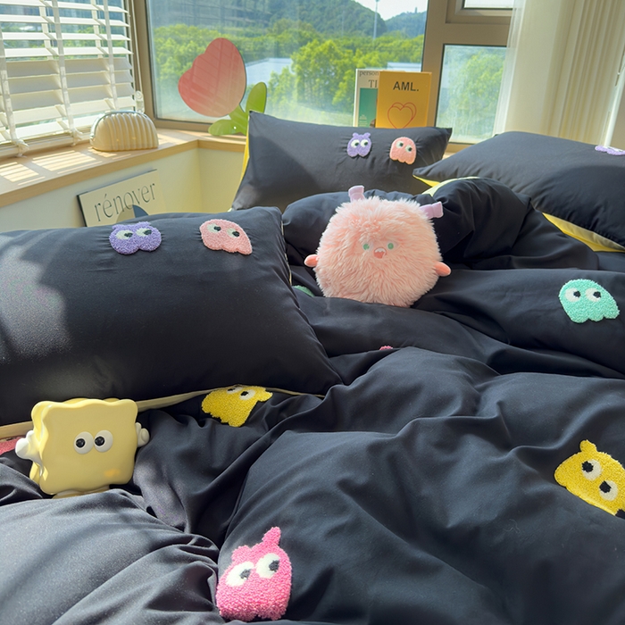 91家纺网 家纺一手货源 找家纺 曼谷 年新款多巴胺毛巾绣四件套柔软磨毛床上用品水洗棉套件 多巴胺-黑糖奶黄