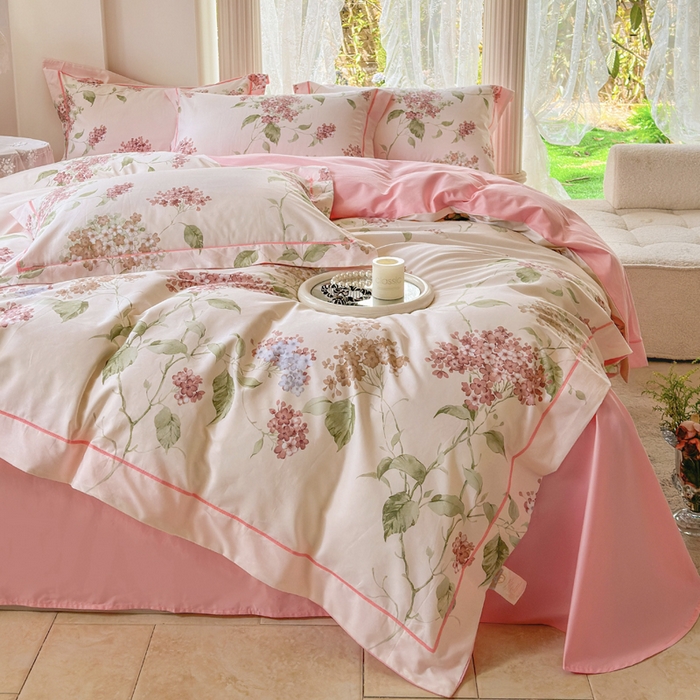 91家纺网 家纺一手货源 找家纺 7V 小清新大宽边100%纯棉法式四件套轻奢13376全棉喷气宽幅长绒棉被套床单床笠套件 南枝-粉