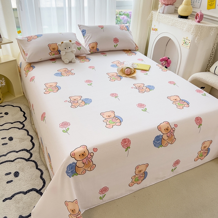 91家纺网 家纺一手货源 找家纺 芃成家纺 2024新款老粗布床单款 玫瑰小熊