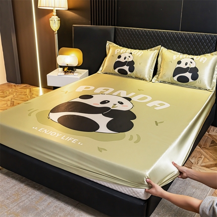 91家纺网 家纺一手货源 找家纺 圣比熊 2025新款大版可水洗冰丝床笠宿舍床垫保护套三件套 小熊猫