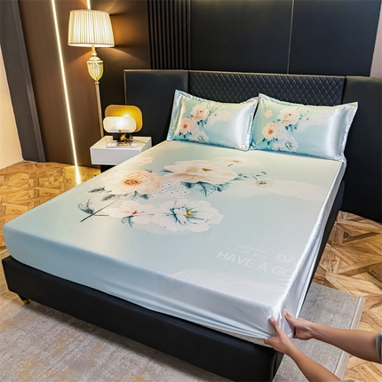 91家纺网 家纺一手货源 找家纺 圣比熊 2025新款大版可水洗冰丝床笠宿舍床垫保护套三件套 花语