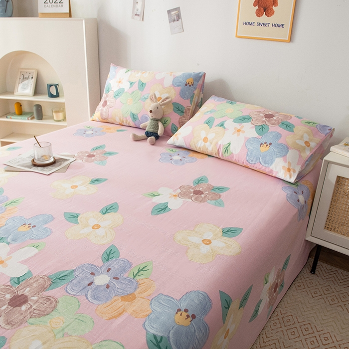 91家纺网 家纺一手货源 找家纺 芃成 2024新款老粗布床笠款 总2 幸运花朵 粉