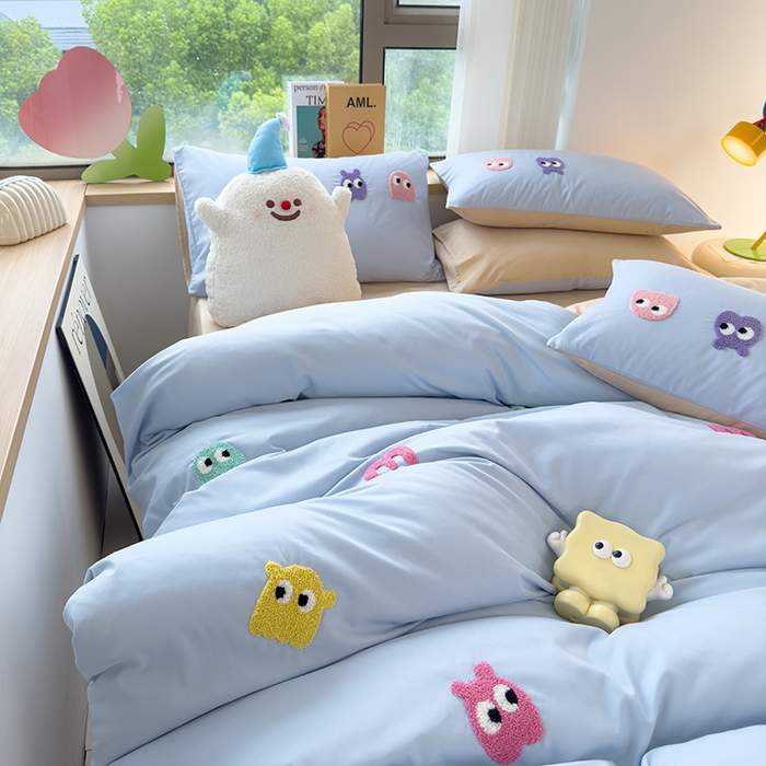 91家纺网 家纺一手货源 找家纺 曼谷 年新款多巴胺毛巾绣四件套柔软磨毛床上用品水洗棉套件 多巴胺-浅蓝奶茶