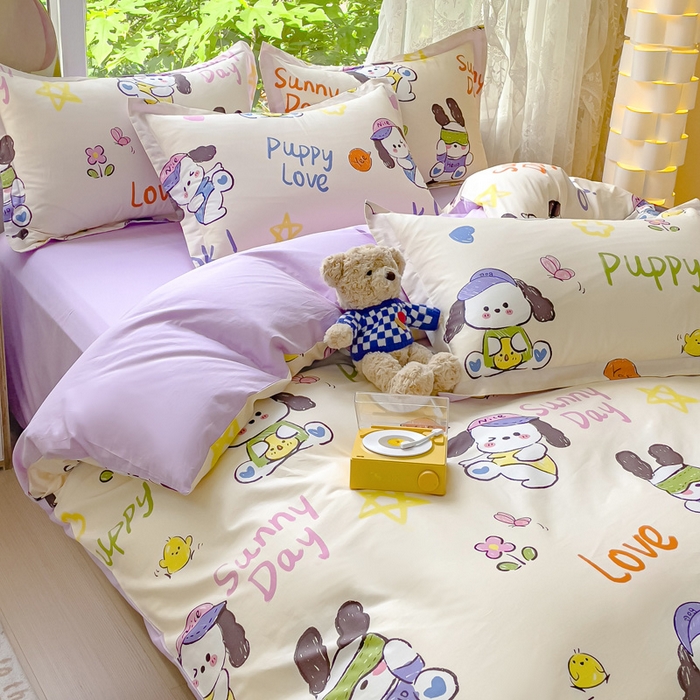 91家纺网 家纺一手货源 找家纺 金鑫汇家纺 2024新款全棉纯棉卡通印花四件套单品系列-四件套狗狗乐园