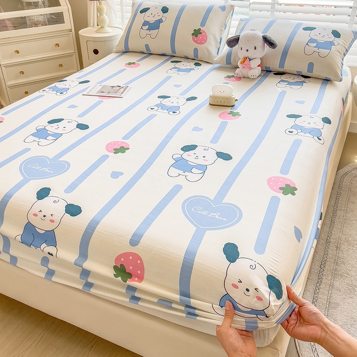 91家纺网 家纺一手货源 找家纺 芃成 2024新款老粗布床笠款 总2 小萌狗-蓝