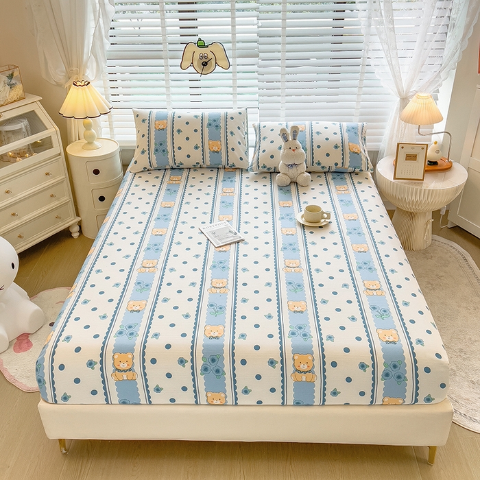 91家纺网 家纺一手货源 找家纺 芃成 2024新款老粗布床笠款 总2 小熊乐园-蓝