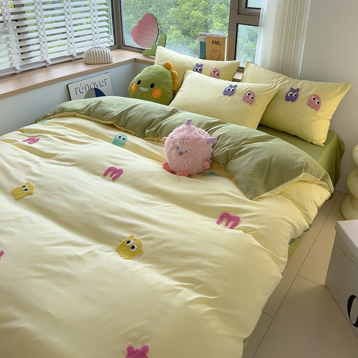 91家纺网 家纺一手货源 找家纺 曼谷 年新款多巴胺毛巾绣四件套柔软磨毛床上用品水洗棉套件 多巴胺-奶黄清绿