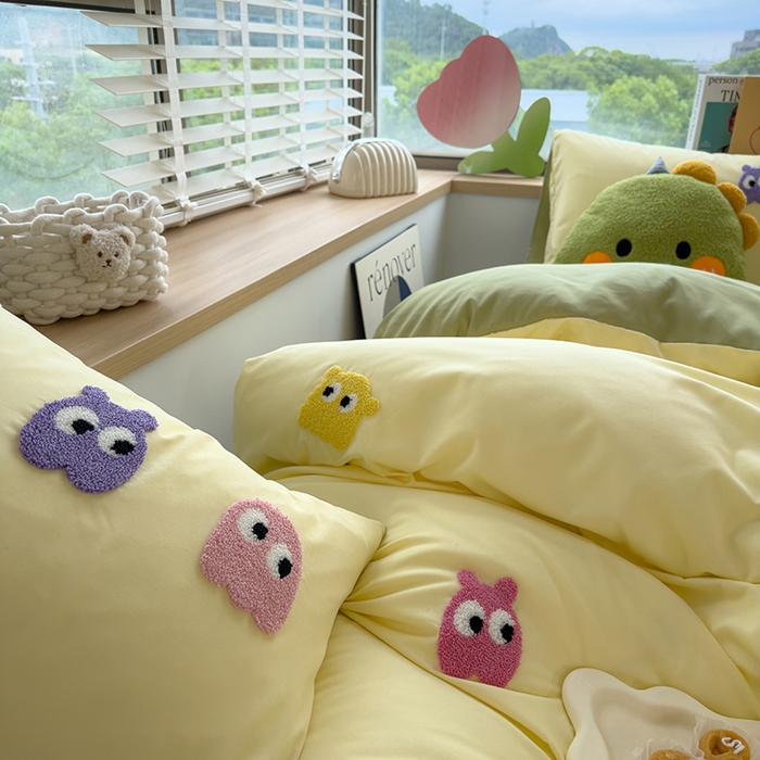 91家纺网 家纺一手货源 找家纺 曼谷 年新款多巴胺毛巾绣四件套柔软磨毛床上用品水洗棉套件 多巴胺-奶黄清绿