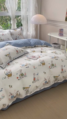 91家纺网 家纺一手货源 找家纺 金鑫汇家纺 2024新款全棉纯棉卡通印花四件套单品系列-四件套收获满满蓝色