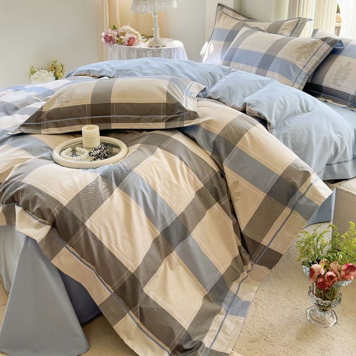 91家纺网 家纺一手货源 找家纺 7V 小清新大宽边100%纯棉法式四件套轻奢13376全棉喷气宽幅长绒棉被套床单床笠套件 枫叶格-蓝