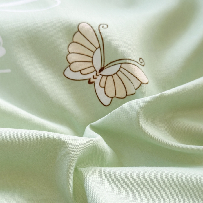 91家纺网 家纺一手货源 找家纺 7V 小清新大宽边100%纯棉法式四件套轻奢13376全棉喷气宽幅长绒棉被套床单床笠套件 雨蝶-绿