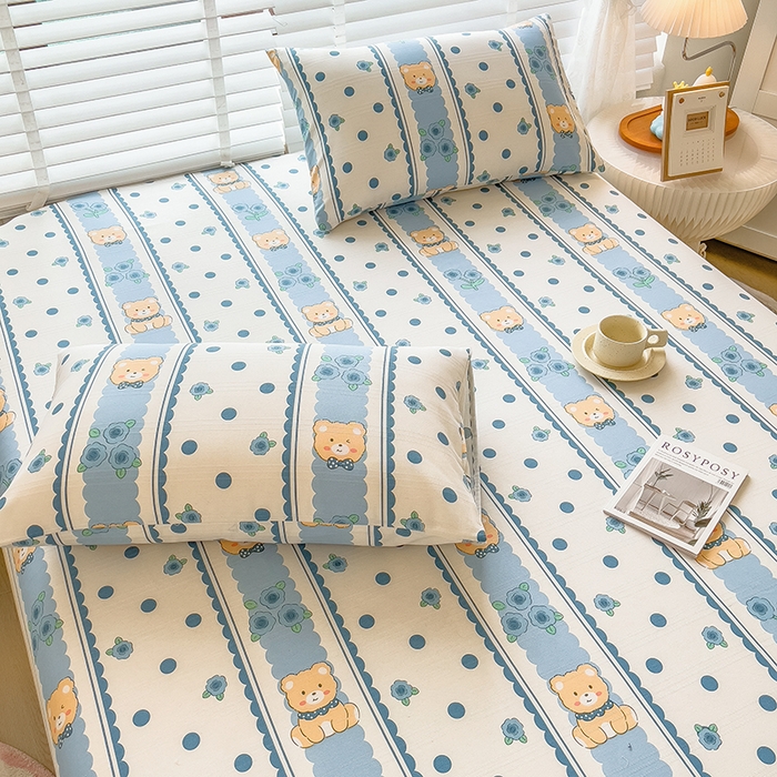 91家纺网 家纺一手货源 找家纺 芃成 2024新款老粗布床笠款 总2 小熊乐园-蓝