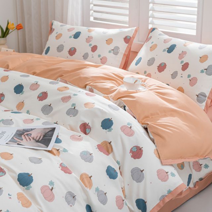 91家纺网 家纺一手货源 找家纺 优姿家纺 新款纯棉长绒棉小清新ins风印花四件套-系列一 南瓜酥-米