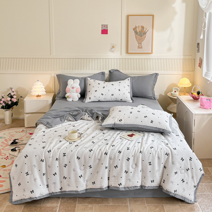 91家纺网 家纺一手货源 找家纺 2024新款泡泡棉小缺角工艺夏被四件套 蝴蝶结