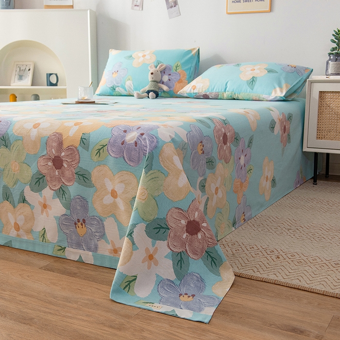 91家纺网 家纺一手货源 找家纺 芃成 2024新款老粗布床笠款 总2 幸运花朵 蓝