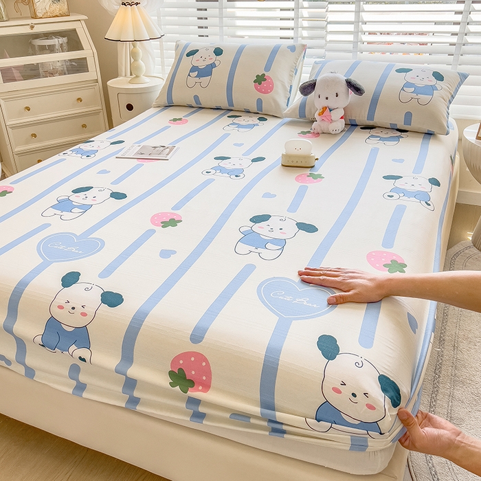 91家纺网 家纺一手货源 找家纺 芃成 2024新款老粗布床笠款 总2 小萌狗-蓝