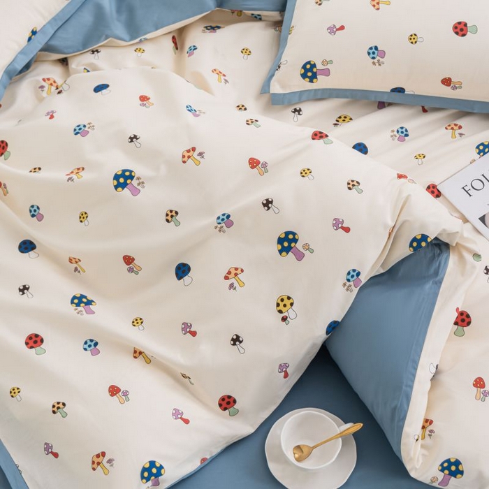 91家纺网 家纺一手货源 找家纺 优姿家纺 新款纯棉长绒棉小清新ins风印花四件套-系列一 彩蘑菇