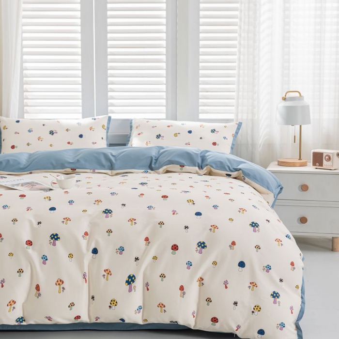 91家纺网 家纺一手货源 找家纺 优姿家纺 新款纯棉长绒棉小清新ins风印花四件套-系列一 彩蘑菇