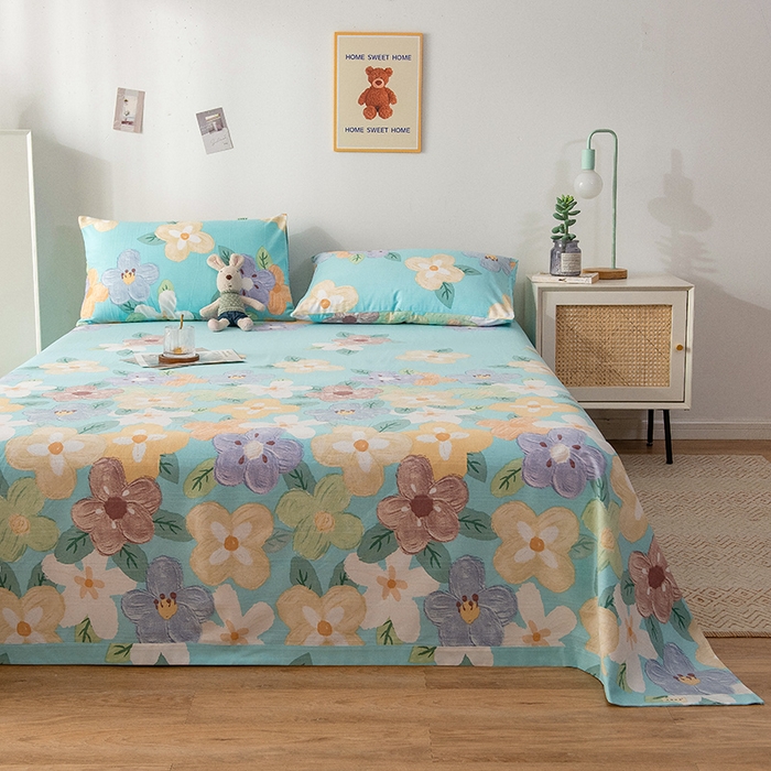 91家纺网 家纺一手货源 找家纺 芃成 2024新款老粗布床笠款 总2 幸运花朵 蓝