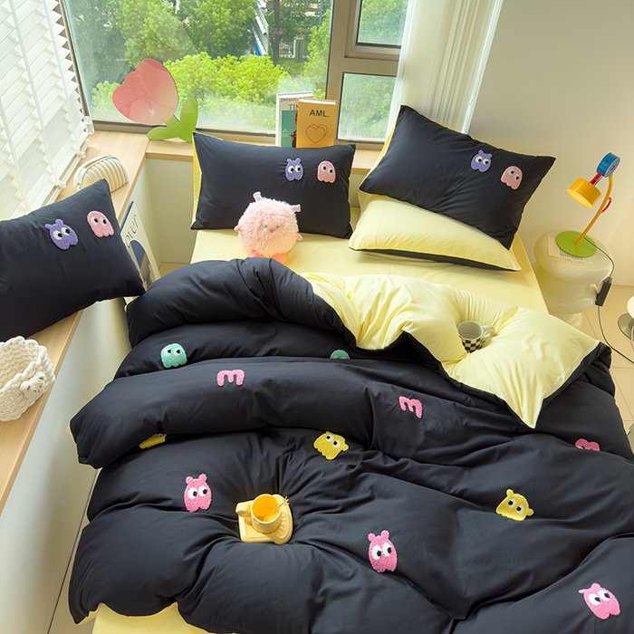 91家纺网 家纺一手货源 找家纺 曼谷 年新款多巴胺毛巾绣四件套柔软磨毛床上用品水洗棉套件 多巴胺-黑糖奶黄