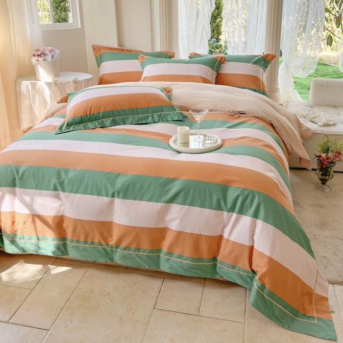 91家纺网 家纺一手货源 找家纺 7V 小清新大宽边100%纯棉法式四件套轻奢13376全棉喷气宽幅长绒棉被套床单床笠套件 乐享时光