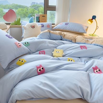 曼谷 年新款多巴胺毛巾绣四件套柔软磨毛床上用品水洗棉套件 多巴胺-浅蓝奶茶