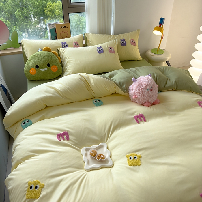 91家纺网 家纺一手货源 找家纺 曼谷 年新款多巴胺毛巾绣四件套柔软磨毛床上用品水洗棉套件 多巴胺-奶黄清绿