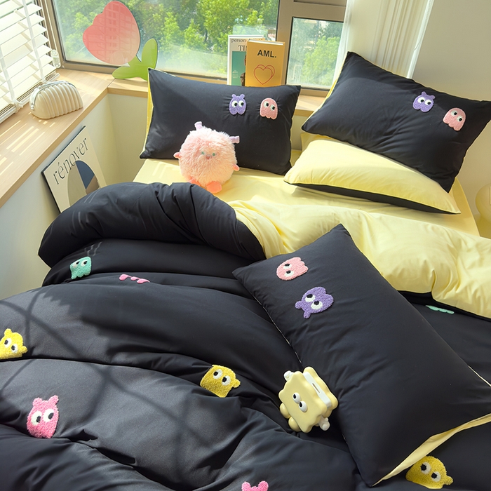 91家纺网 家纺一手货源 找家纺 曼谷 年新款多巴胺毛巾绣四件套柔软磨毛床上用品水洗棉套件 多巴胺-黑糖奶黄