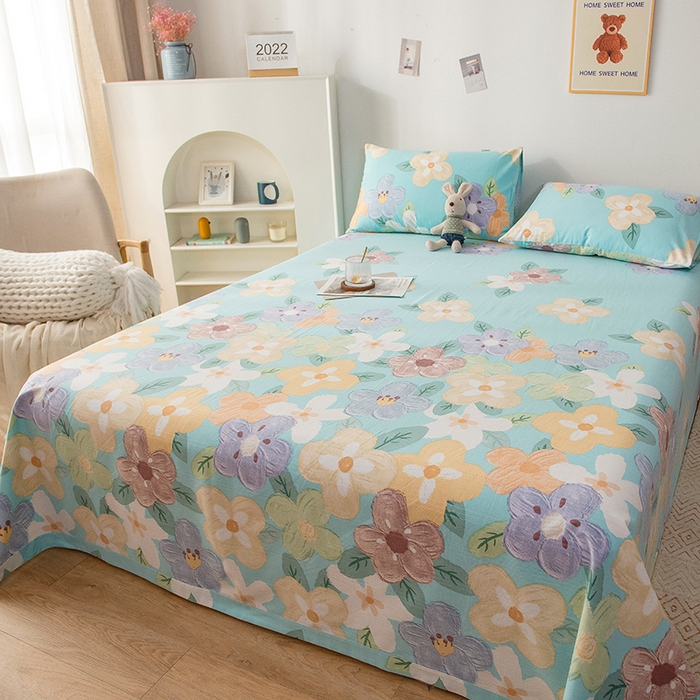 91家纺网 家纺一手货源 找家纺 芃成 2024新款老粗布床笠款 总2 幸运花朵 蓝