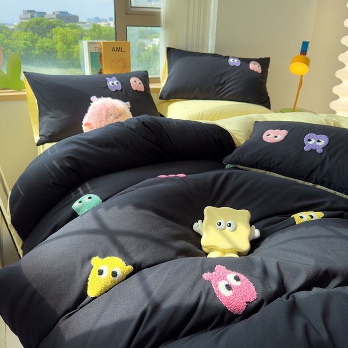 91家纺网 家纺一手货源 找家纺 曼谷 年新款多巴胺毛巾绣四件套柔软磨毛床上用品水洗棉套件 多巴胺-黑糖奶黄